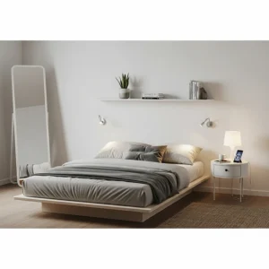 A stylish, compact bedroom setup featuring a short queen mattress that efficiently saves space.
