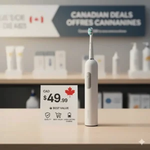 Illustration of an affordable electric toothbrush showing Canadian dollar price symbols and value icons.