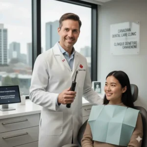Illustration of a dentist in a Canadian clinic recommending an electric toothbrush for superior plaque removal.