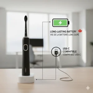 Diagram showing long battery life and USB charging compatibility for the top-rated electric toothbrush in Canada.