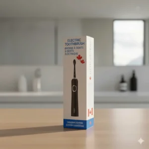 Canadian electric toothbrush retail packaging featuring English and French text for bilingual consumers.