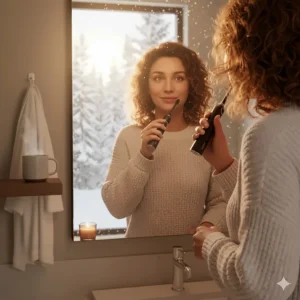 A person using an electric toothbrush in a cozy bathroom during a Canadian winter morning.