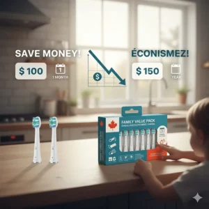 Infographic illustrating the cost-benefit of buying bulk electric toothbrush replacement heads for Canadian families.