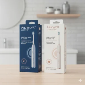 Aquasonic and Fairywill toothbrush boxes showing English and French labeling for the Canadian market.