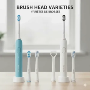 Comparison of different brush head shapes and bristle types available for Aquasonic and Fairywill models.