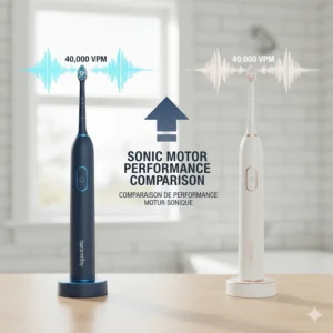 Infographic comparing the 40,000 VPM of Aquasonic vs Fairywill's sonic motor performance.
