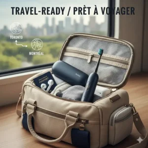 An illustration of a travel-ready electric toothbrush in a carry-on bag, perfect for a weekend trip from Toronto to Montreal.