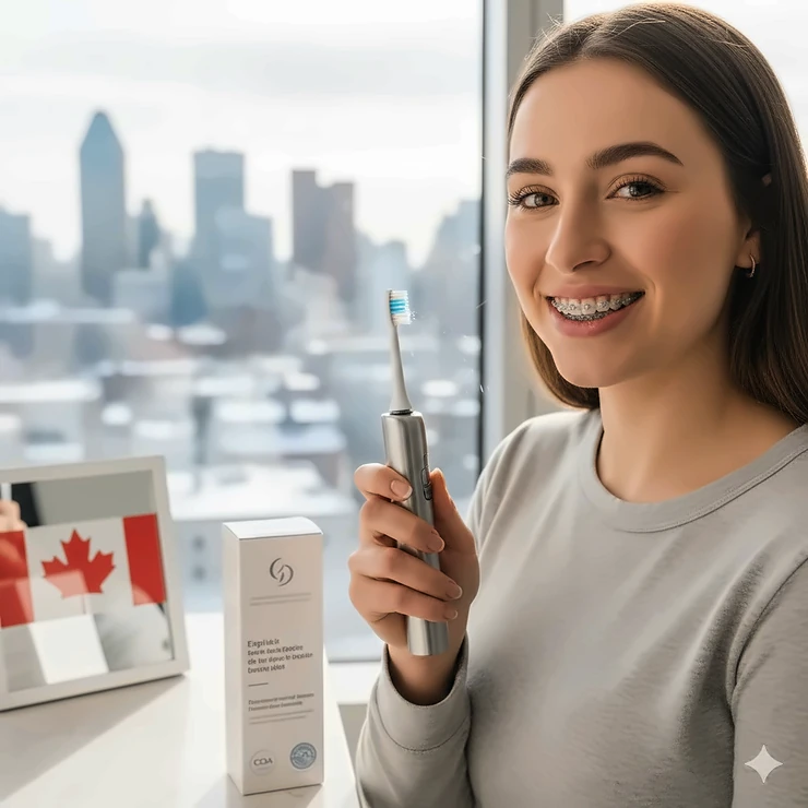 A person with braces smiling confidently in a modern Canadian bathroom, using a top-rated electric toothbrush for orthodontic care. Electric Toothbrush for Braces