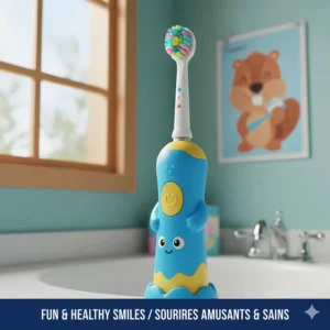 A colorful, kid-friendly electric toothbrush with a beaver mascot poster in a bright bathroom to encourage children's oral hygiene in Canada.