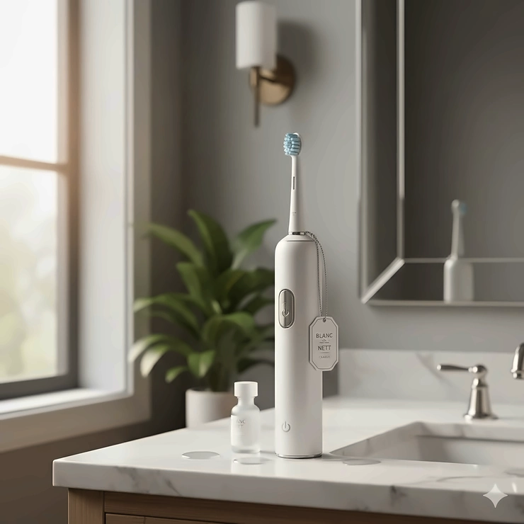 A premium electric toothbrush for whitening displayed on a modern bathroom vanity in a Canadian home, highlighting sleek design and polishing bristles.