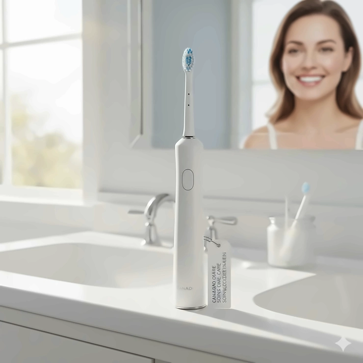 A premium electric toothbrush with a new replacement head placed on a modern bathroom vanity in a Canadian home, showing a clean and healthy smile.