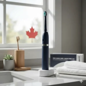A top-rated electric toothbrush under $100 displayed on a modern bathroom vanity in a Canadian home, featuring a sleek design and charging base.