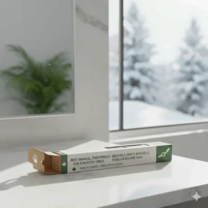 Top-rated manual toothbrush packaging in Canada featuring English and French (Brosse à dents) labeling.