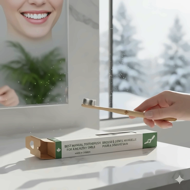 A person in a bright, modern Canadian bathroom using the best manual toothbrush for a healthy smile, featuring sustainable packaging.
