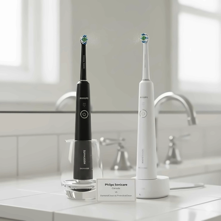 A detailed comparison of Philips Sonicare toothbrush models available in Canada, featuring the DiamondClean Smart and ProtectiveClean series side-by-side on a bathroom vanity with natural light.