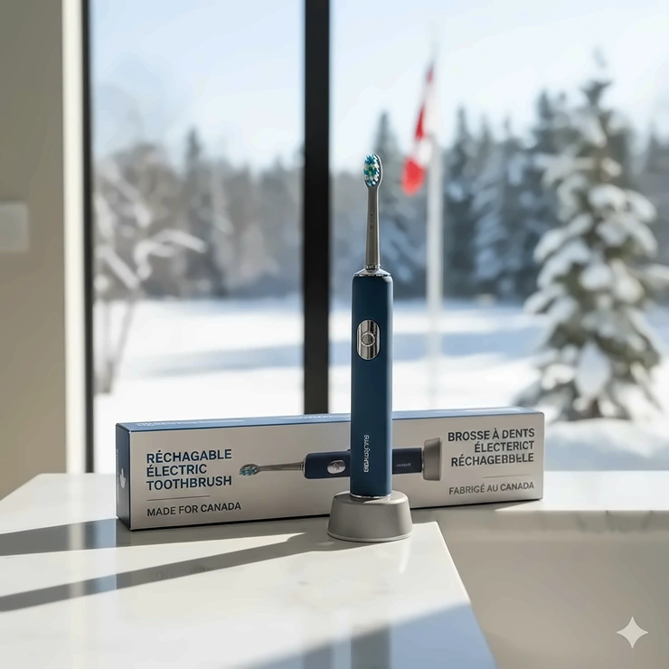 A premium rechargeable electric toothbrush on a modern bathroom vanity in a Canadian home, showing English and French packaging.