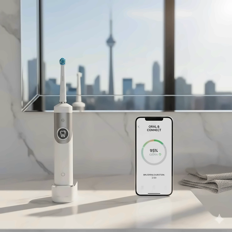 A modern smart electric toothbrush on a marble bathroom vanity in a Toronto home, showing a smartphone app tracking brushing progress.