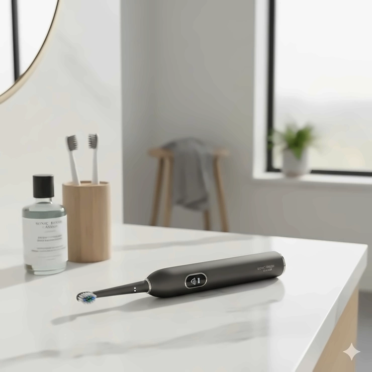 A premium sonic toothbrush sitting on a modern vanity in a Canadian home, highlighting its sleek design and advanced plaque removal. Sonic Toothbrush Canada