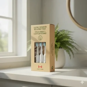 Illustration of eco-friendly packaging for toothbrush refills featuring English and French labeling for the Canadian market.