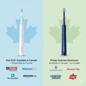 Illustration of Canadian retail availability for Oral-B and Philips Sonicare at major pharmacies and retailers across Canada.