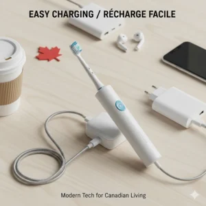 A flat lay illustration of an electric toothbrush with a USB charger, highlighting eco-friendly tech for modern Canadian living.