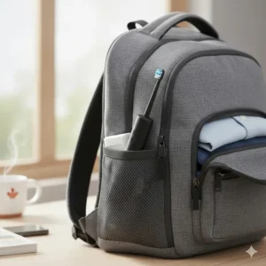 Minimalist illustration showing a slim travel electric toothbrush fitting easily into a small carry-on bag pocket.