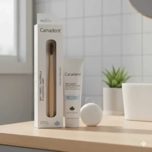 Dental hygiene kit featuring a soft bristle toothbrush with English and French (bilingue) packaging.