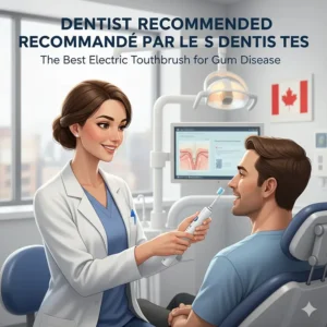 A friendly dental professional in a Canadian clinic recommending the best electric toothbrush for gum disease.