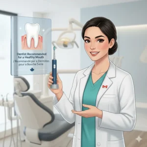 Illustration of a Canadian dental professional recommending a high-quality rechargeable electric toothbrush for oral health.
