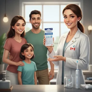 Illustration of a dental professional recommending high-quality replacement heads for maintaining a bright Canadian smile.