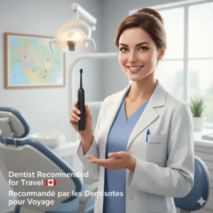A professional illustration of a dentist recommending a portable electric toothbrush for maintaining oral health while traveling across Canada.