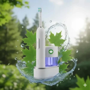 Stylized illustration of a toothbrush and UV sanitizer surrounded by maple leaves, emphasizing health and wellness.