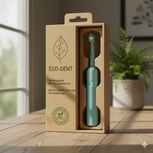 Sustainable packaging for a rechargeable electric toothbrush, highlighting eco-conscious values popular in Canada.