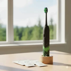 Sustainable travel electric toothbrush with recyclable heads, featuring a green forest motif popular with Canadian eco-travelers.