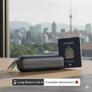 A sleek travel case for a smart electric toothbrush next to a Canadian passport, emphasizing long battery life for travel from Vancouver to Montreal.