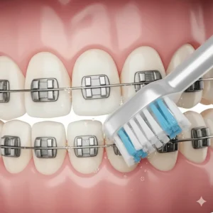 Detailed illustration showing soft bristles of an electric toothbrush effectively cleaning around metal orthodontic brackets and wires.