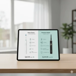 Infographic comparing features of an electric toothbrush under $50 CAD with premium models.