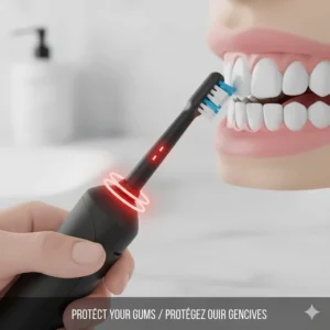 A close-up of an electric toothbrush pressure sensor glowing red to prevent gum damage, a key feature in our electric toothbrush buying guide.