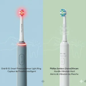 Graphic showing the Oral-B iO smart pressure sensor light ring and the Philips Sonicare DiamondClean handle vibration alert for Canadian users.