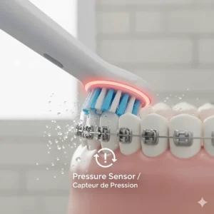 A visual guide showing an electric toothbrush pressure sensor light protecting sensitive gums and braces from over-brushing.