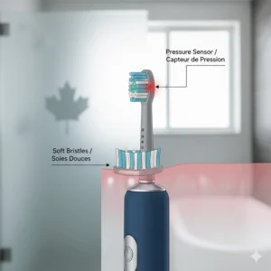 Diagram of a rechargeable electric toothbrush with a pressure sensor to protect gums, labeled in English and French.