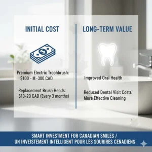An infographic showing the initial cost and long-term value of electric toothbrushes in Canadian dollars (CAD) for smart shopping.
