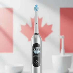 An illustration of a 2-minute smart timer icon on a toothbrush handle, ensuring a complete clean for teenagers and adults with braces.