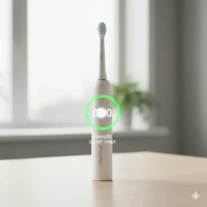 Graphic showing the 2-minute smart timer feature on a budget-friendly electric toothbrush.