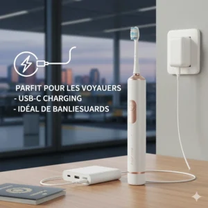 Illustration of a Fairywill toothbrush charging via USB, ideal for Canadian travelers and commuters.