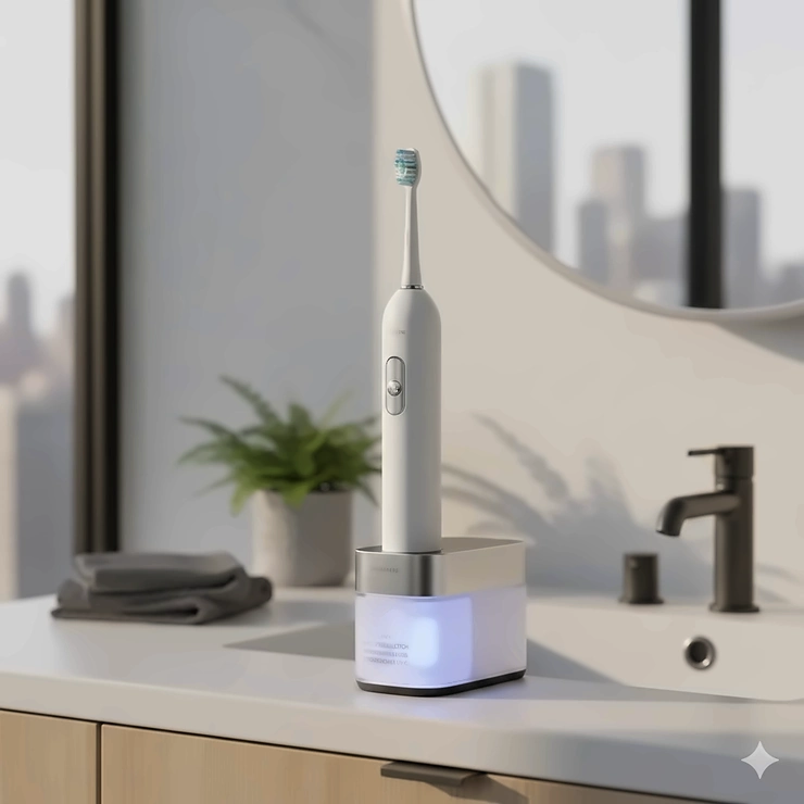 A premium electric toothbrush with UV sanitizer base on a modern Canadian bathroom vanity, highlighting clean oral hygiene technology.
