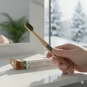 A hand holding a manual toothbrush with a non-slip ergonomic grip, designed for comfortable daily brushing.