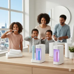 A diverse Canadian family sharing a bathroom with multiple electric toothbrush sanitizer stations.