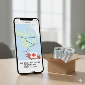 Graphic showing a delivery truck with a Canadian flag icon delivering toothbrush refills across provinces from BC to Quebec.