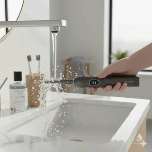 A sleek illustration of a waterproof sonic toothbrush being rinsed, demonstrating durability for use in Canadian showers.